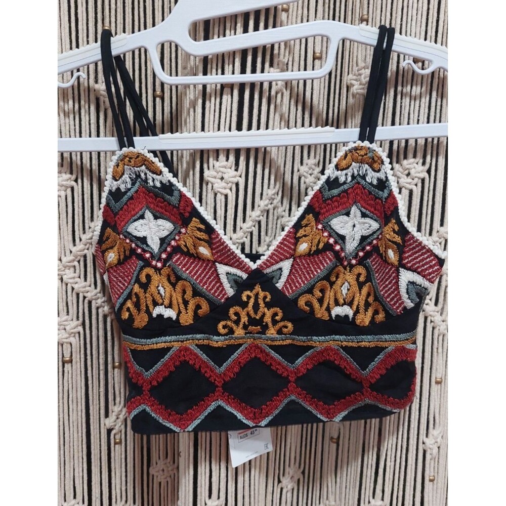 NEW Zara Embroidered Bustier Crop Top Black Red White Tribal Design Size M